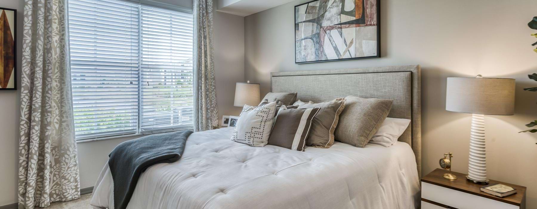a bedroom with a bed and lamps